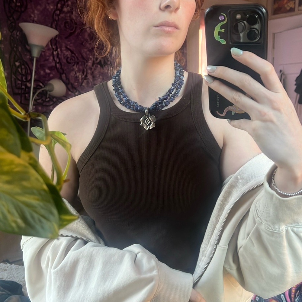 Vintage Lapis Lazuli Sterling Silver Flower pendant Lapis Necklace (16”)